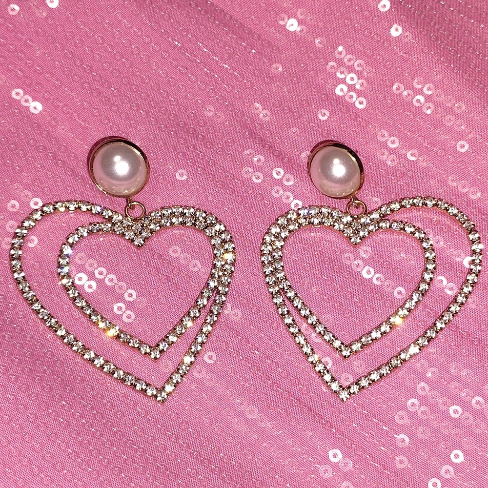 Crystal & Gold Heart Pearl Statement Earrings